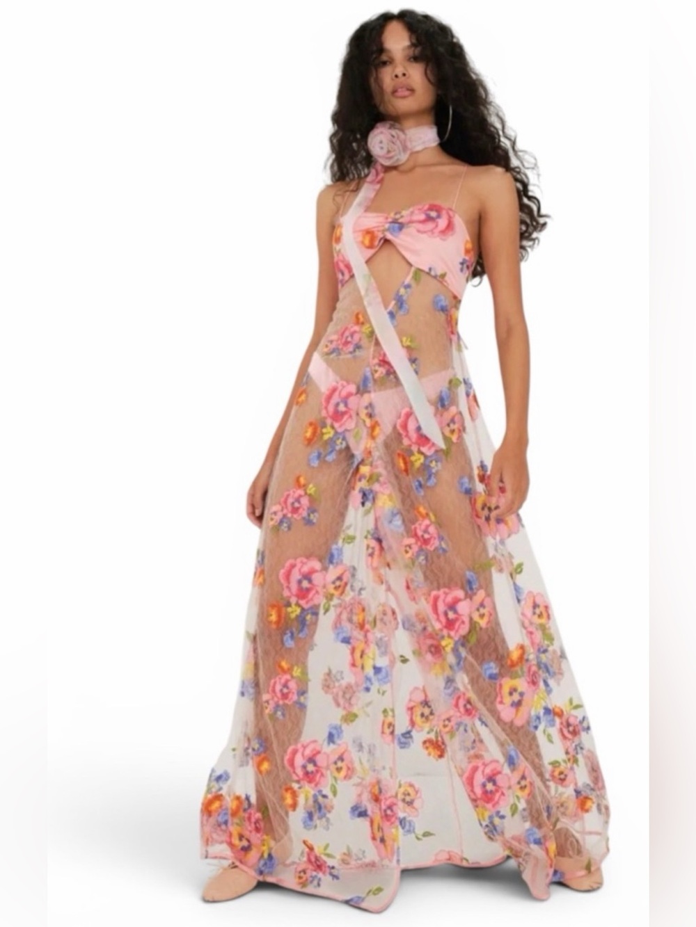 For Love & Lemons Perci Detailed Appliqué Embroidered Maxi Floral Gown Dress NWT